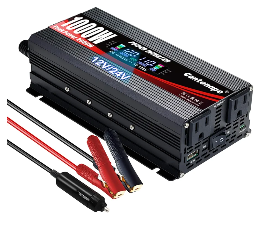 Cantonape 1000W/2000W(Peak) Car Power Inverter DC 12V to 110V/120V AC Converter with LCD Display Dual AC Outlets and Dual USB Car Charger for Car Camping Laptop Truck Black