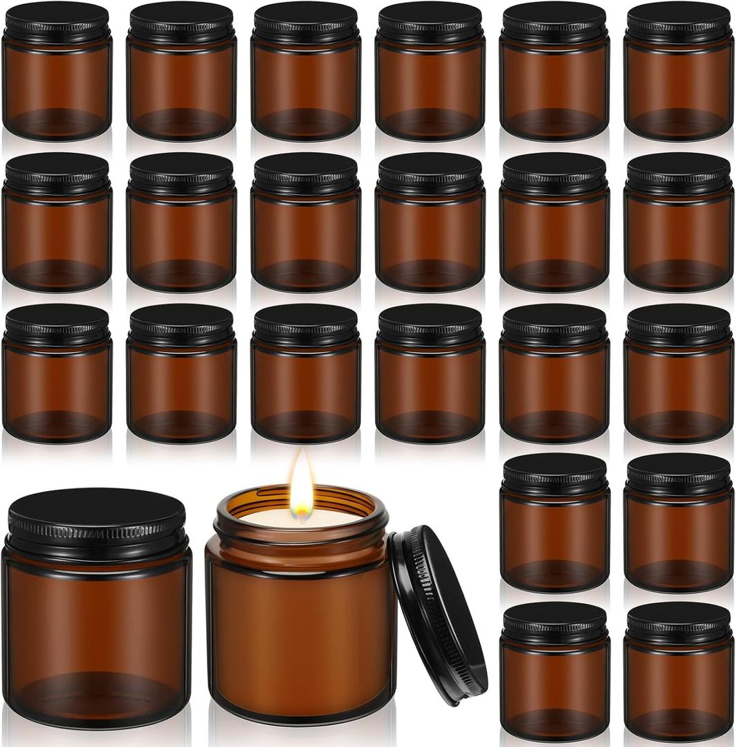 Zhehao 24 Pcs Glass Candle Jars with Lids Bulk, Round Empty Candle Container Tins, Dishwasher Safe and Leakproof DIY Crafts(Amber, Black,4 oz)