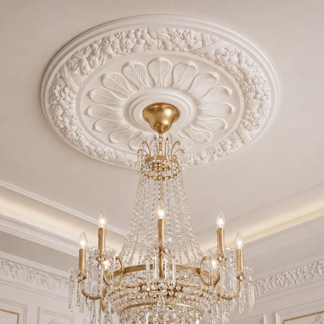 Threehoney 24" OD x 4.09" ID White Ceiling Medallion, Round Floral Rosette