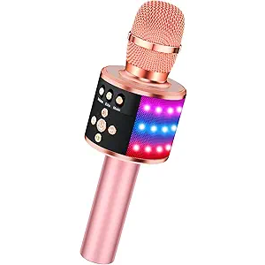 BONAOK Karaoke Microphone for Kids & Adults  Bluetooth Microphones Singing Mic with Disco Lights, Echo Effect, Builtin Speaker Portable Karaoke Player for Party Travel Gifts Q78(Rose Gold)