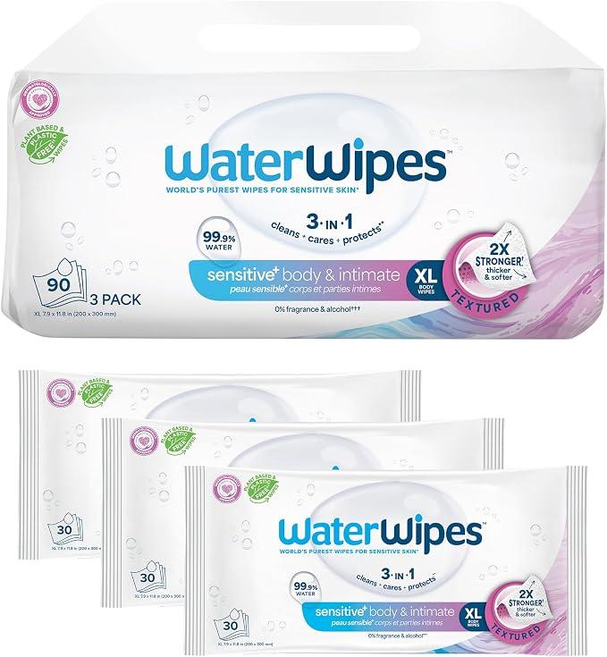 WaterWipes Sensitive+ Body & Intimate Wipes, 3-In-1 Cleans, Cares, Protects, 99.9% Water, Unscented & Hypoallergenic Hygiene Wet Wipes, Adult Care, 90 Wipes (3 Packs)