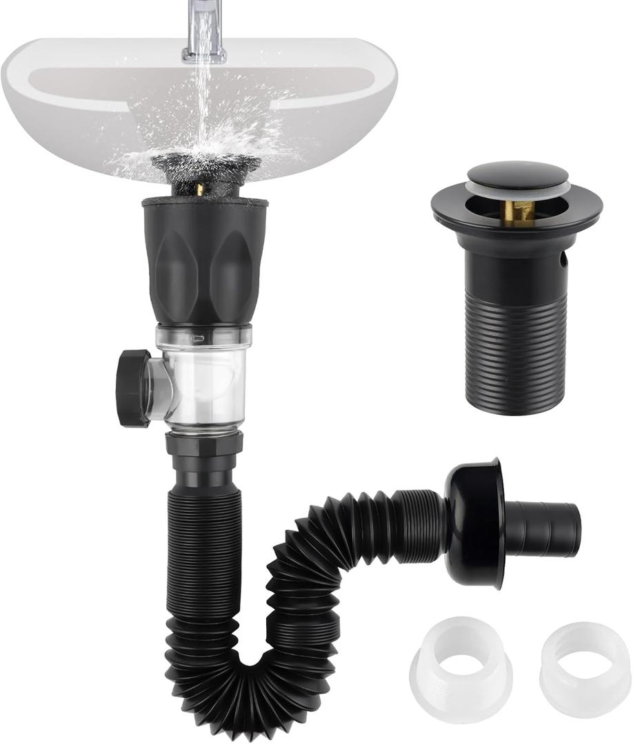 iFealClear Bathroom Sink Drain Kit, Flexible P-Trap Drain Pipe with Pop Up Stopper, Expandable Bathroom Sink Pipe Replacement with 2 Adapters, Fits 1-1/4'', 1-1/2'', 2" Holes, Hair Catcher, Black