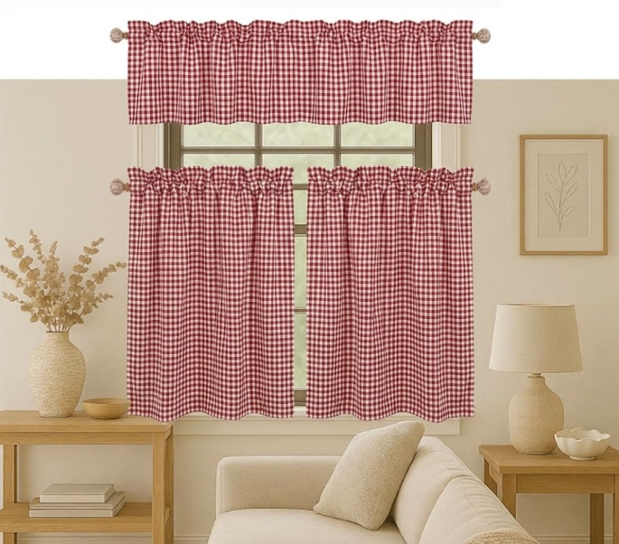 Native Fab 3 Pieces Window Curtain Tiers 26"x36" and Valance 54"x18" Set - Rod Pocket - Semi Sheer - Farmhouse Curtain for Kitchen, Cafe, Bathroom, Living Room - Red/White
