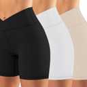 keriffe Womens Crossover Biker Shorts 5" High Waisted Yoga Workout Athletic Running Spandex Shorts (3 Pack Black/Khaki/White)