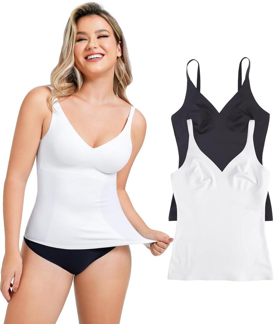 LODAY Compression Tank Tops for Women Tummy Control Shapewear Seamless Body Shaper Workout V-Neck Camisole Cami Tops (Large, Black/White 2pk)