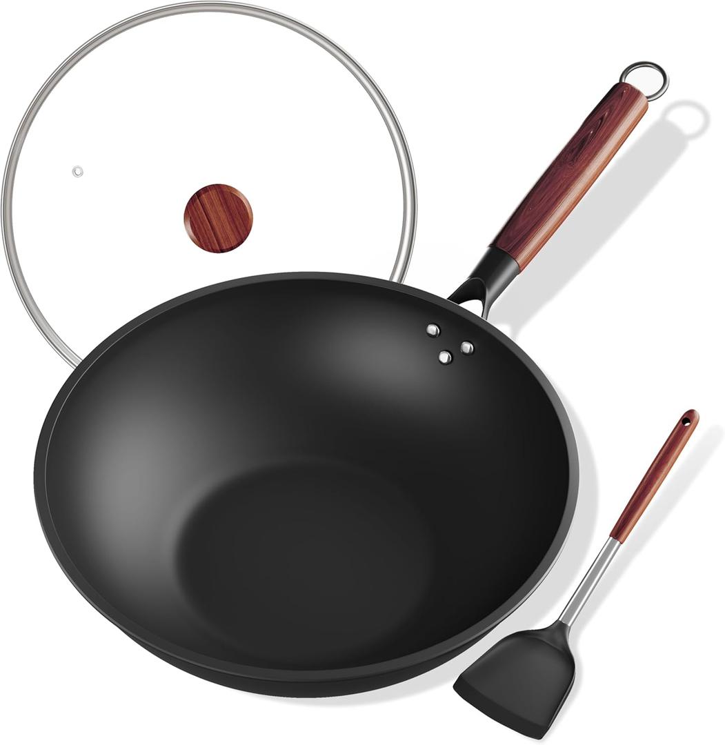 Carbon Steel Wok 13-Inch Wok Pan with Glass Cover Silicone Spatula, Non-Stick Surface Woks & Stir-Fry Pans Pre-Seasoned Chinese Wok Pan for Induction, Electric, Gas Stoves Cooking