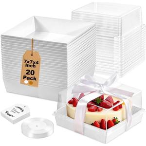 20 Pack 7x7x4 Cake Boxes with Clear Lids for 4-6 Inch Cakes, Treats or Desserts  Paper Bento Cake Boxes, Disposable Bundt Containers  Bakery Take Out Containers  To Go Square Packaging, White