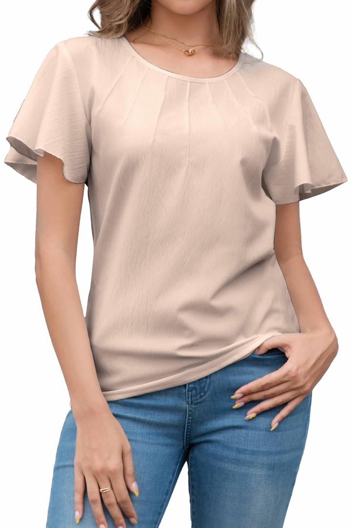 DeXianLai Womens Dressy Chiffon Blouses Summer Puff Petal Short Sleeve Shirts Beach Vacation Clothes for Women Fashion Clothing Apricot L