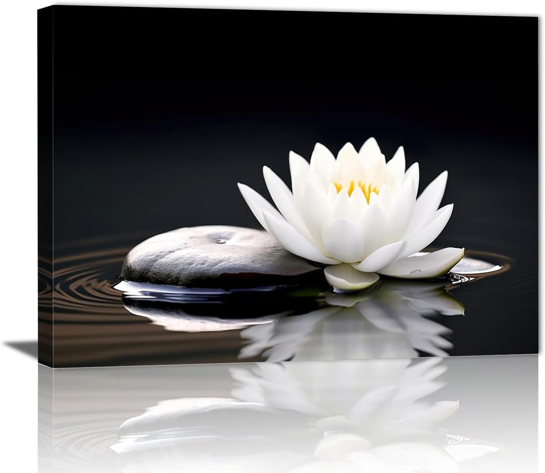 GLOKAKA Zen White Lotus Flower Wall Art Black and White Lotus on Spa Stone and Water Picture Canvas Print Artwork for Yoga Meditation Room Bathroom Wall Decor (18"L x 12"W)