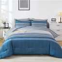 Dobuyly Grayish Blue Comforter Full Size Set 7 Pieces, Boho Striped Bed in a Bag Full Soft Microfiber All Season Grey Bedding Set with Comforter, Sheets, Pillowcases & Shams