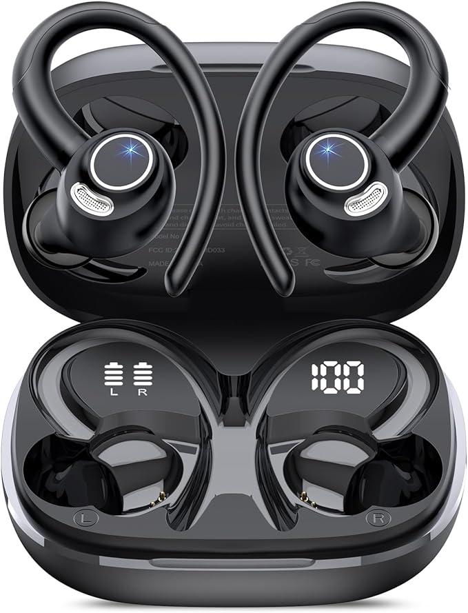 Wireless Earbuds, Bluetooth 5.4 Headphones Sport, Over Ear Buds With ENC Noise Cancelling Mic, 48H, Wireless Earphone With Earhooks, Stereo Deep Bass, IP7 Waterproof ear bud for Workout Running, Black
