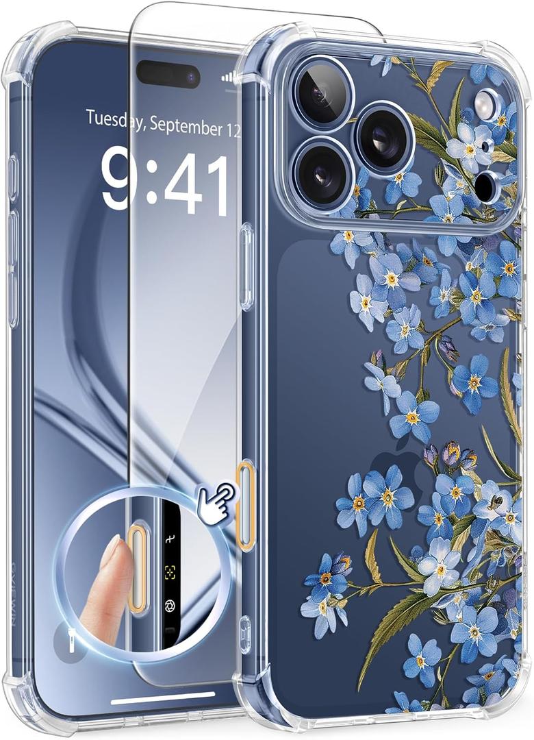 GVIEWIN for iPhone 17 Pro Case with Screen Protector, Upgraded [Full Camera Protection] [Non Yellowing] Floral Slim Shockproof Clear Women Phone Cover for iPhone 17 Pro 6.3" (Aconite/Blue)