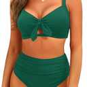 Tempt Me Two Piece Swimsuits - High Waisted Bikini Tummy Control Full Coverage Bathing Suits Ruched Tie Knot Swimwear M