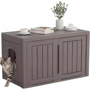 Cat Litter Box Enclosure, Hidden Enclosed Litter Box Furniture with Adjustable Partition, Multi-Functional Outdoor Cat House, Side Table, Easy to Clean, Dark Grey