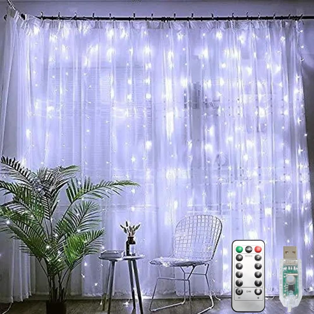 PUHONG Curtain String Lights, 300 LED Fairy Lights with 8 Light Modes, 9.8x9.8Ft Remote Controlled Plug-in Fairy String Lights for Christmas, Bedroom, Indoor, Outdoor, Weddings, Party Decor (White) (Copper Wire-White)