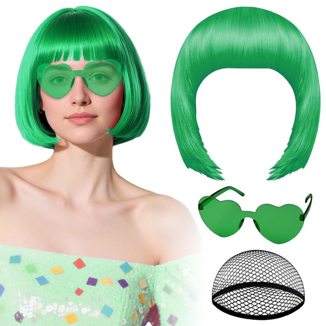 PLULON Green Bob Wig with Heart Sunglasses and Hair Cap, Colorful Short Bob Wigs Synthetic Party Wigs Funny Cosplay Hairpieces for Women Men Daily Bachelorette Halloween Costume Party Decorations