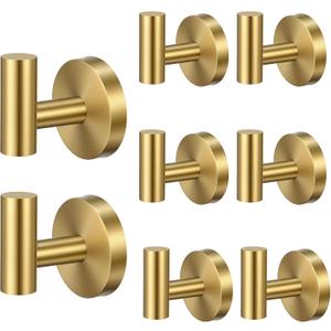 8 Pcs Gold Wall Hooks, 2.4X2Inch Bathroom Towel Hooks Gold Coat Hook Heavy Duty Towel Hangers Brushed Towels Steel Wall Hook for Bathroom Kitchen Closet Hanging Bag Hat Mudroom Bedroom