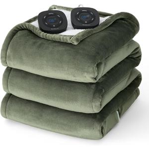 Bedsure Electric Blanket Queen Size - Dual Control Heated Blanket Queen, Fast Heating with 10 Time Settings & 10 Heat Settings, Warm Gift for Grandma (84x90 inches, Olive Green)
