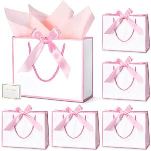 DOYIDE 30 Pcs Thank You Gift Bags with Tissue Paper, 9x7x3.1in Paper Gift Bags with Handles, Gift Wrap Bags with Bow Ribbon for Wedding Birthday Baby Shower Bridesmaid Party (White and Pink)