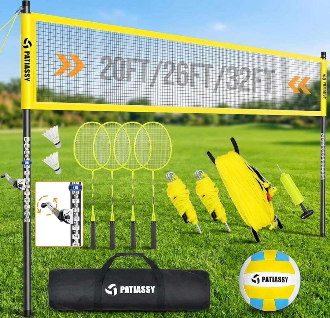 Outdoor Volleyball Net System for Backyard, Adjustable Height (5.18FT) & Width (2032FT), Anti-Sag Tension System, 2-in-1 Badminton Combo Set with Carry Bag, Rackets & Shuttlecocks