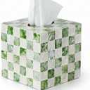 Coeusy Square Tissue Box Cover,Handmade Checkered Decorative Tissue Holder with Capiz Shells,Boho Coastal Tissues Cube Box Cover for Living Room Decor,Bathroom, Bedroom or Office(White and Green)