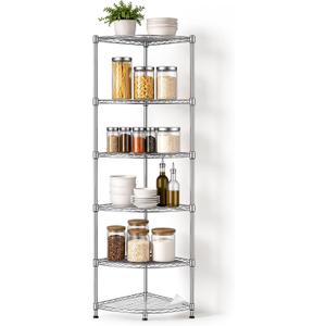 6-Tier Metal Corner Shelf Wire Shelving Unit - 600lbs Capacity, Adjustable, with Leveling Feet & Shelf Liners - Ideal for Garage, Kitchen - 20" L x 20" D x 72" H - Quarter Round-Shape, 20x20x72 Inch