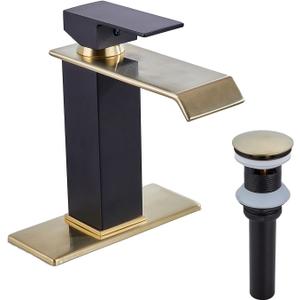Bathroom Faucet Brushed Golden Waterfall Spout Black Body Single Handle Brass Pop Up Drain Stopper with Overflow Include for 1-3 Holes Basin Sink Deck Mounted Lavatory Vanity