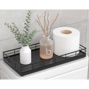 Toilet Paper Basket Organizer Oak Wood Toilet Tank Tray with Metal Frame, Bathroom Counter Top Storage for Toilet Paper, Wipes & Decor, Modern Narrow Back of Tank Shelf Organizer, Black