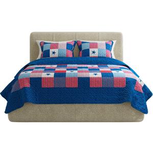 3-Piece Caroline Patriotic Quilt Set - Americana Stars and Plaid Patchwork Bedding - Full/Queen Bed Spread with 2 Pillow Shams by Lavish Home