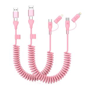 Pink Car Charging CarPlay Cable Coiled USB-C Lightning Cable 4 in 1 Retractable Multi Charging Cord 60W Cute Car Accessories for iPhone 17/16/15/14/13/12/11/iPad/AirPods/MacBook Tidy Charger Cord