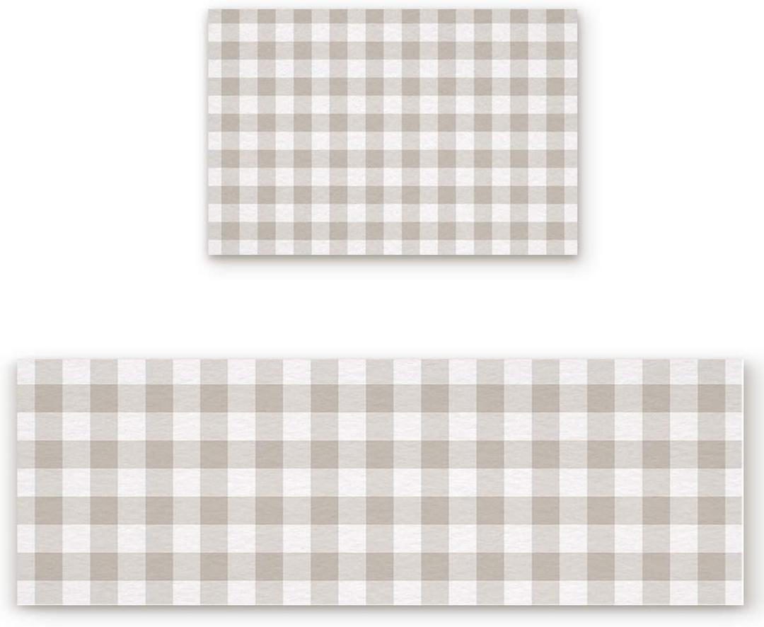 Kitchen Rugs Set of 2,Beige Brown Plaid Kitchen Mats Rugs Non Skid Washable Anti Fatiguee,Farmhouse Buffalo Check Water Absorption Doormat Carpet for Bedroom/Bathroom/Living Room (15.7"x23.6"+15.7"x47.2")