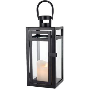 TRIROCKS Metal Candle Lantern 12'' High Decorative Outdoor Lantern Hanging Lantern with Tempered Glass for Christmas Home Decor Living Room Parties Events Tabletop Indoors Outdoors (Black Matte)