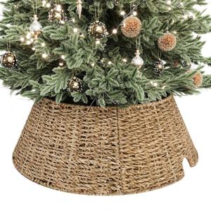 ELYKEN 13 Inch Mini Christmas Tree Collar, Seagrass Woven Xmas Tree Skirt for Artificial Trees, Rustic Farmhouse Wicker Tree Base Cover with Cord Cut-Out for Home Decor