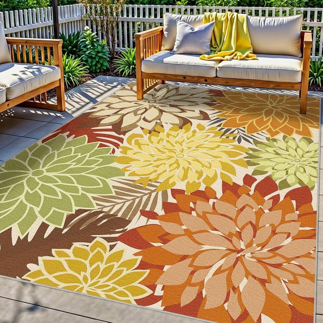 Colorful 8x10 Outdoor Area Rug Washable Multicolored Patio Rug Tropical Botanical Floral Chenille Waterproof Outdoor Carpet Non-Slip for Deck, Backyard, Porch, Orange