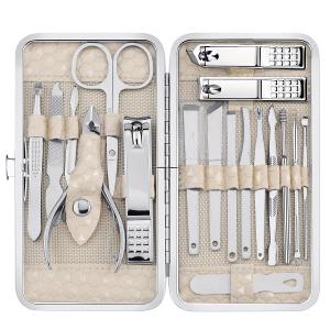 Yougai Nail Clippers set for Men and Womens Gift Manicure Set 18 Pieces Stainless Steel Manicure Kit,Nail Care Tools with Luxurious Travel Case (Beige)