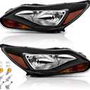 Headlights Assembly Pair with Bulbs for 2012 2013 2014 Ford Focus Halogen Front Headlamps Head Lights Replacement Driver and Passenger Side (LH RH),Black Housing Amber Reflector