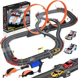 Slot Car Race Track Sets,2 in 1 Race Car Track with 4 High-Speed Slot CarsGift Toy for Boys Kids Ages 5 6 7 8-12,Dual Power (Source) Cars Track,Dual Racing Game Lap Counter Circular Overpass Track