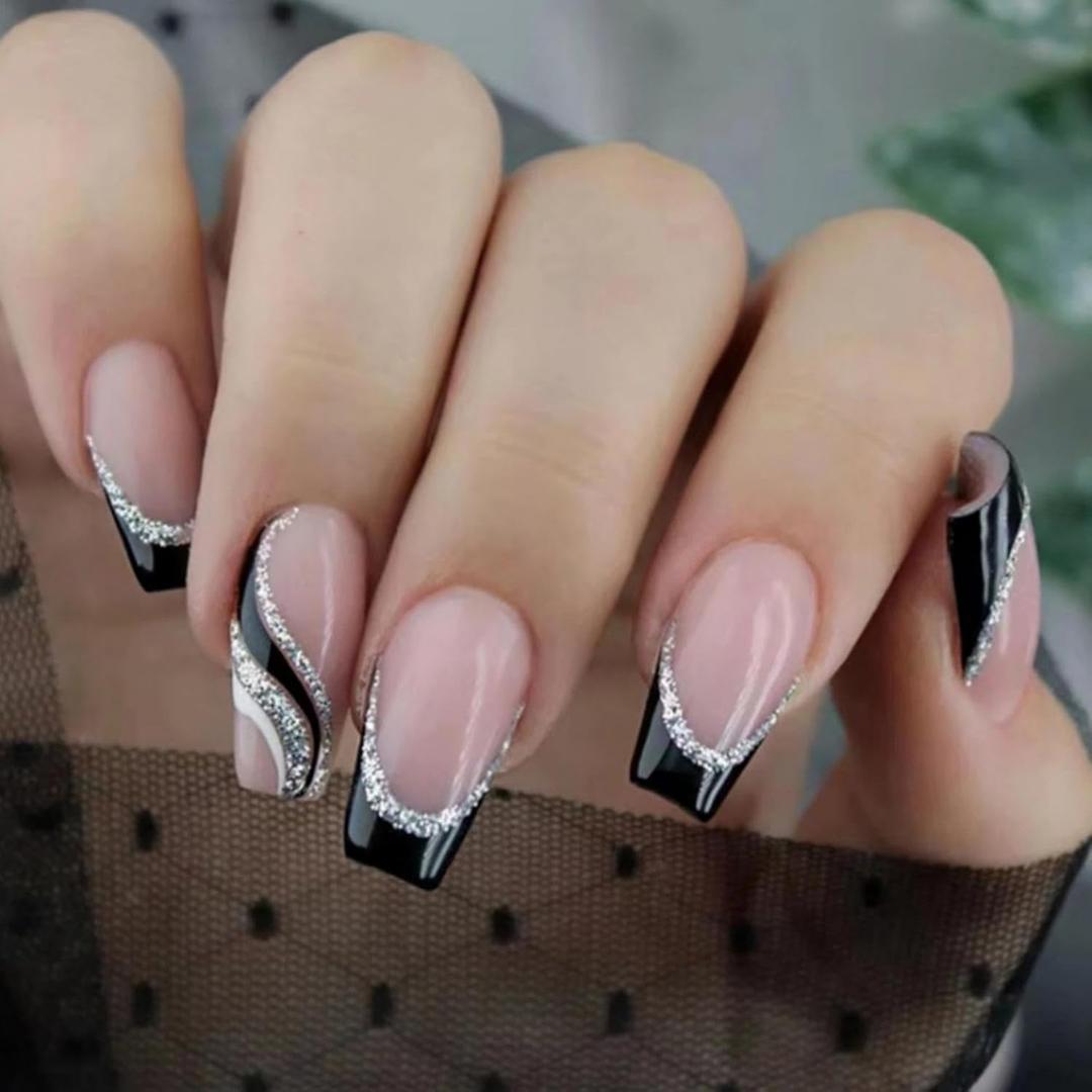 French Tip Press on Nails Medium Square Fake Nails Black False Nails with Silver Line Glitter Design Stripe Coffin Full Cover Artificial Acrylic Nails Pink Glue on Nails for Women Girls Manicure