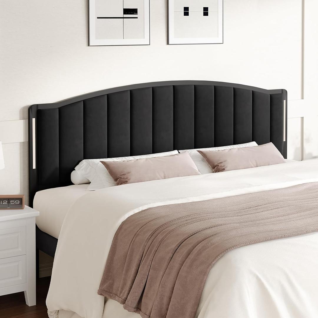 Headboard for Queen Size Bed with LED Lights, Upholstered Vertical Channel Tufting Head Boards, Velvet Headboard Only, Attach Frame, Ideal for Bedroom, Dorm, Guest Room, Black