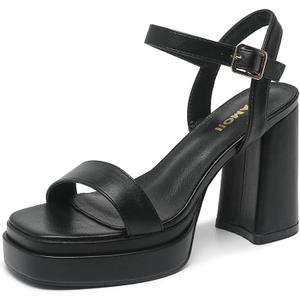 Amoji Women's Black Platform Heels Chunky Heeled Sandals Dress Block Heels Thick Heels Prom Shoes 311 Black Size 11 Women