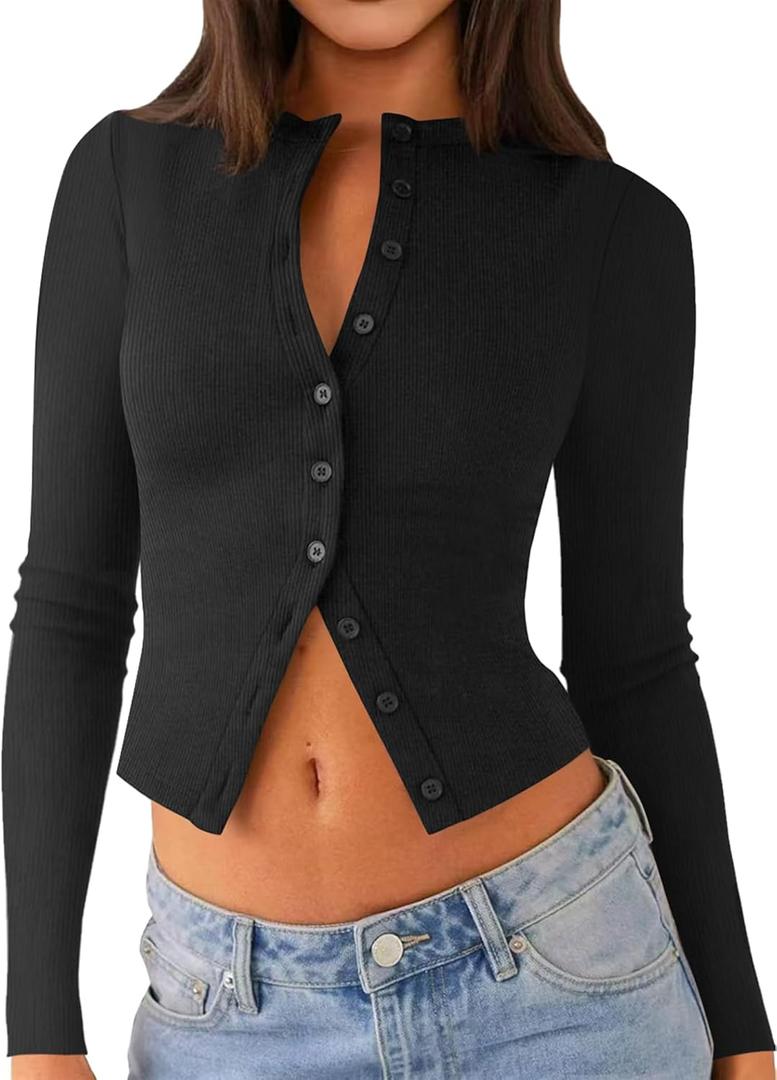 Womens Long Sleeve Tops Fall Lightweight Cardigan Cropped Going Out Shirts Ribbed Button Down Cute Trendy 2025 (Medium, Black)
