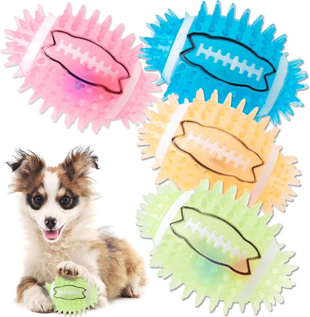 4.3 Dog Squeaky Football Toys 4 Pack, Light up and Durable Spiky Dog Balls for Medium Large Dogs with Rugby Shape, Built-in Squeaker for Teeth Cleaning and Training