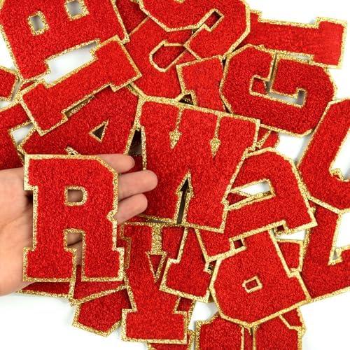 Morcheiong 52Pcs 3.14 Inch Large Chenille Letter Patches A-Z Self Adhesive, Chenille Letters for Clothing, Letters Patches for Fabric (Red)