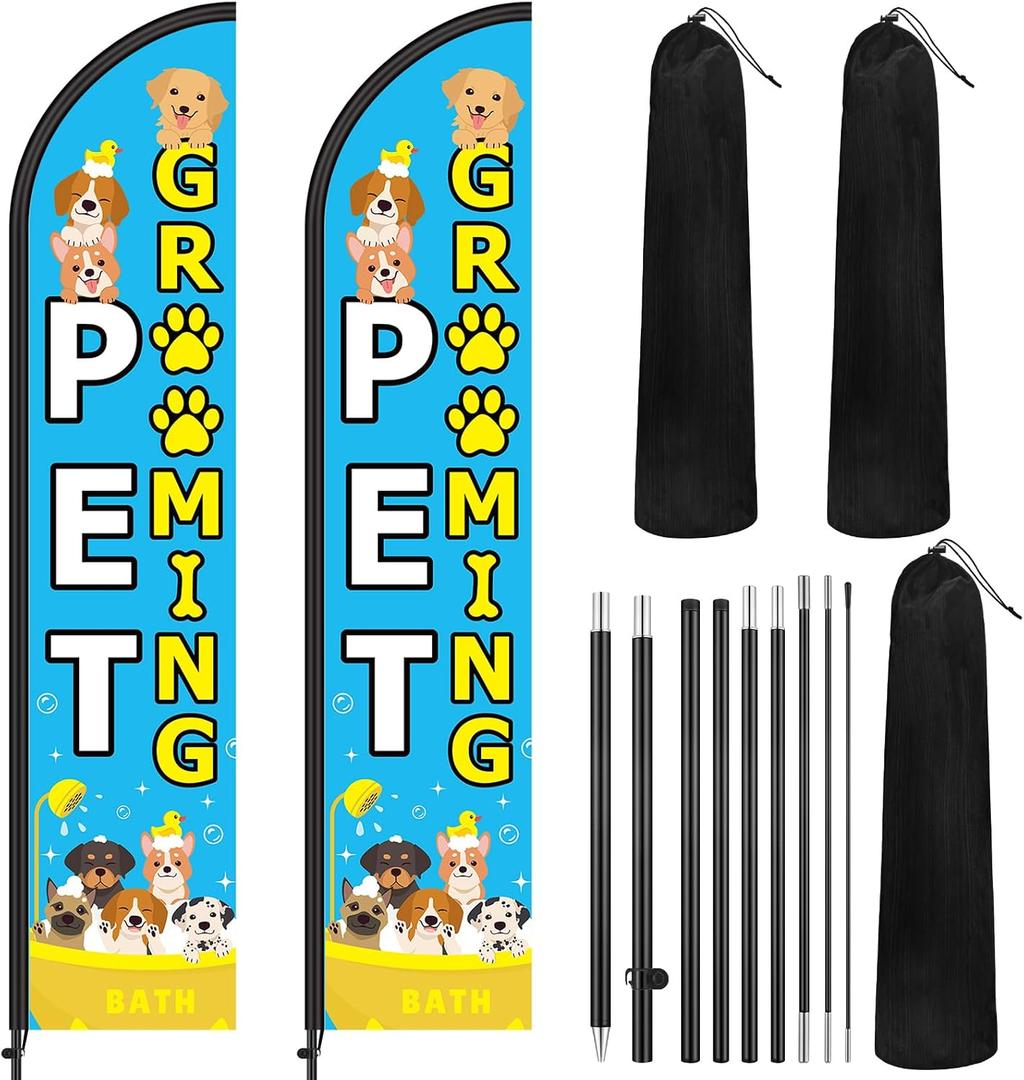 Remagr 2 Set Pet Grooming Feather Flag Pole Kit Pet Care Store Business Advertising Include 7.9 ft Dog Grooming Banner Sign 11.5 ft Flag Pole Kit with Stake and Bag for Outdoor Events Promotion