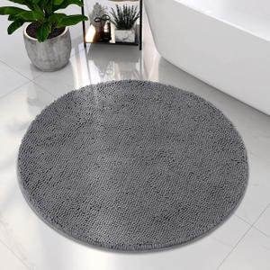 HOMEIDEAS Round Bathroom Rug, Luxury Chenille Shaggy Extra Soft and Absorbent Non Slip Machine Washable Bath Mat (Grey, 3 Ft)