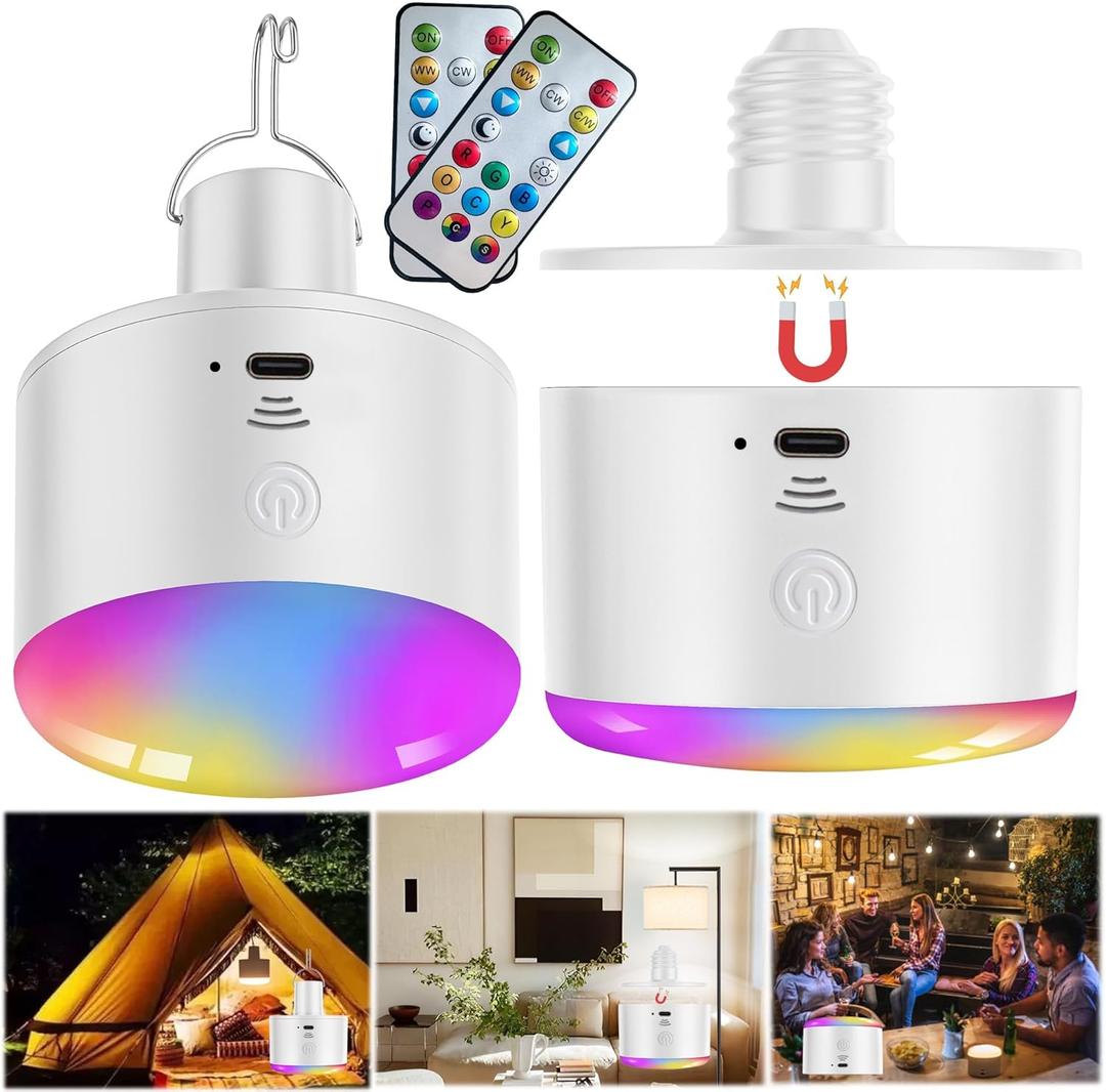 Battery Operated Light Bulb with Remote RGB Rechargeable Light Bulb USB Charging,50H Long Life Emergency Light Bulbs for Power Outage,Battery Powered Light Bulb for Home,Outdoor Activities (2 Pack)