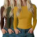 Riyiper 3 Pack Women's Long Sleeve Shirts Cotton Blend Crew Neck Slim Fit Tops Basic Layering Soft Casual Everyday Undershirt (Medium, Yellow, Army Green, Reddish Brown)