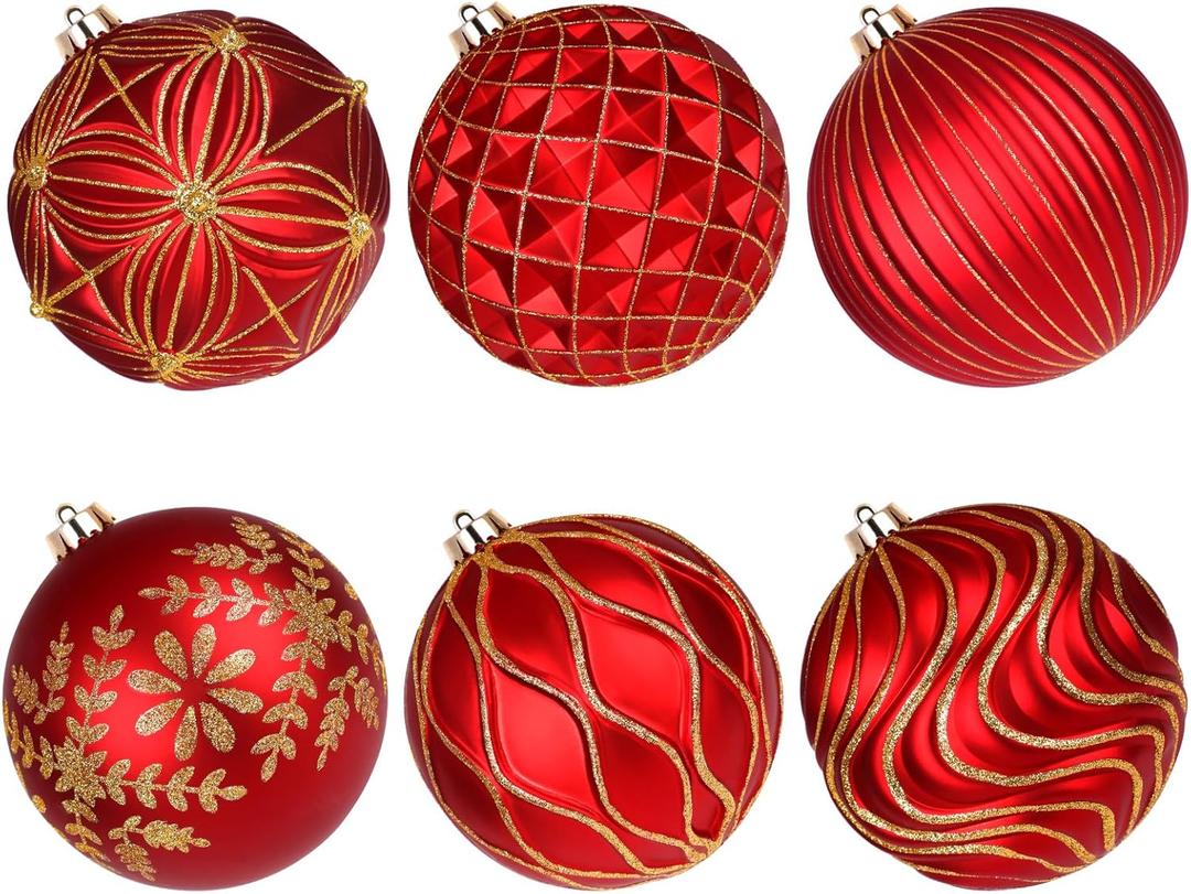 Lanpn 6 Pcs 6" Large Christmas Balls Ornaments, Outdoor Xmas Tree Hanging Decorations, Shatterproof Christmas Ball Ornament Set for Home Winter Holiday, Assorted Relief Pattern, Red & Gold