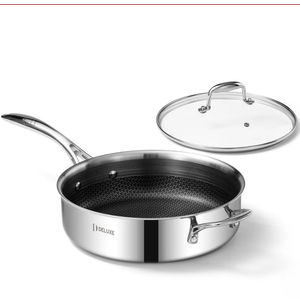 DELUXE Hybrid Nonstick 3.7 Qt Deep Sauté Pan with Lid, Stainless Steel Skillet with Stay-Cool Handles, Dishwasher and Oven-Safe, Deep Frying Pan, Compatible with All Cooktops
