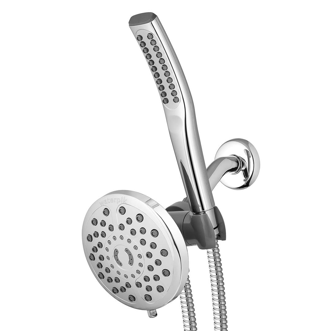 The Waterpik PowerWand Spa System is a 2-in-1 shower system with a handheld wand and a fixed showerhead.